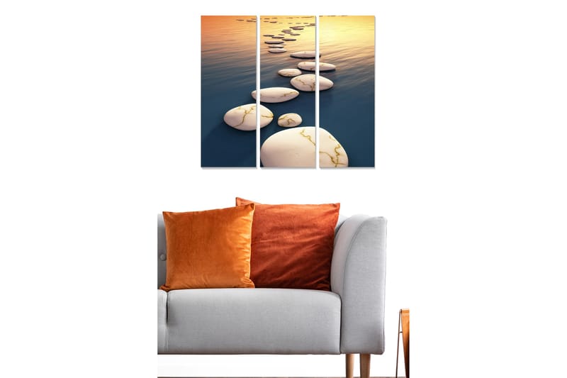 Trælærred 3-delt 50x70 cm - Asfalteret vej over spejlblanke vandoverflader - Hvid / Blå / Guld - Boligtilbehør - Billeder & kunst - Billeder på lærred