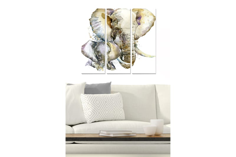Trælærred 3-delt 50x70 cm - Blødt malet elefantportræt med en kalv, Grå / Beige / Lyseblå