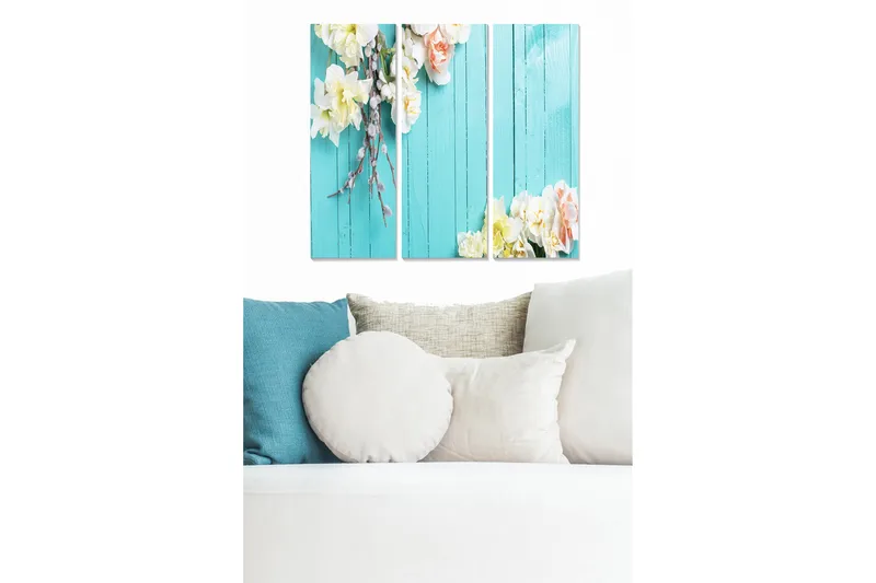Trælærred 3-delt 50x70 cm - Blomster på turkis baggrund, Turkis / Hvid / Lyserød