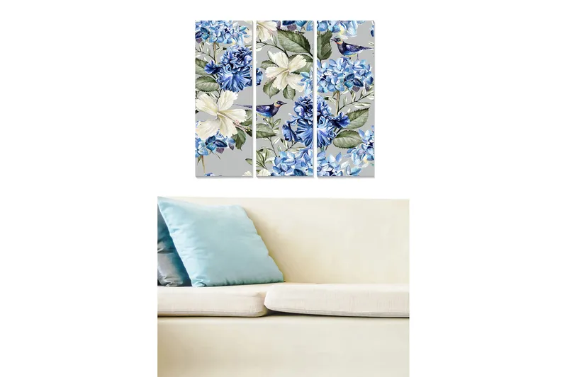 Trælærred 3-delt 50x70 cm - Blomsterkomposition med blå og hvide blomster, Blå / Hvid