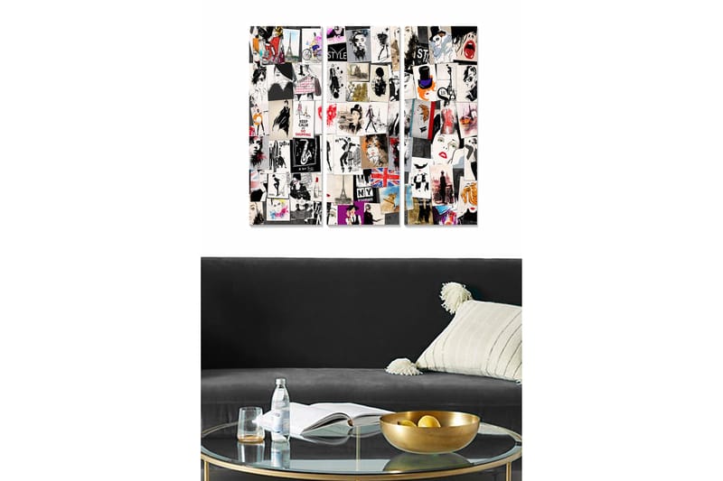 Trælærred 3-delt 50x70 cm - Collage af modeikoner og urbane motiver, Sort / Hvid / Rød