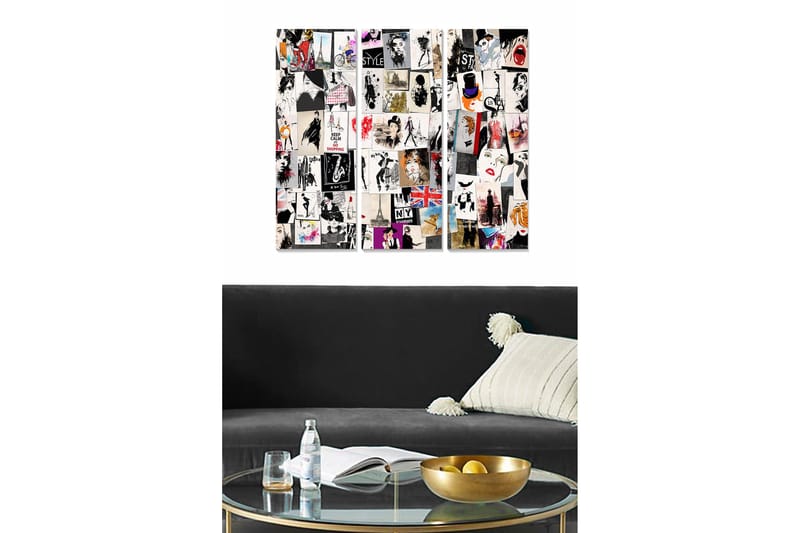 Trælærred 3-delt 50x70 cm - Collage af modeikoner og urbane motiver, Sort / Hvid / Rød