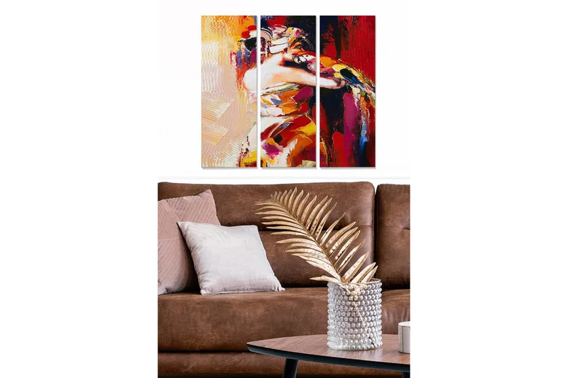 Trælærred 3-delt 50x70 cm - Farverig abstrakt komposition af en dansende kvinde, Rød / Gul / Orange