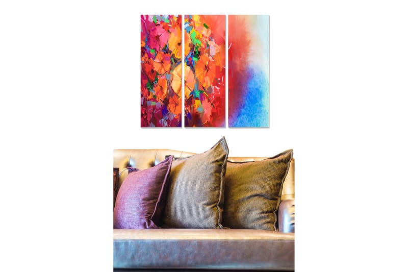 Trælærred 3-delt 50x70 cm - Farverig abstrakt komposition med blomster og geometriske former, Rød / Orange / Blå