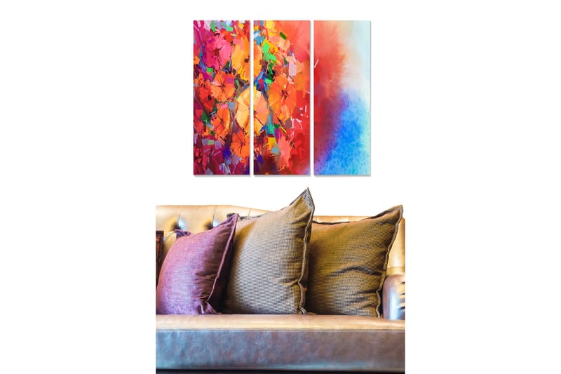 Trælærred 3-delt 50x70 cm - Farverig abstrakt komposition med blomster og geometriske former, Rød / Orange / Blå