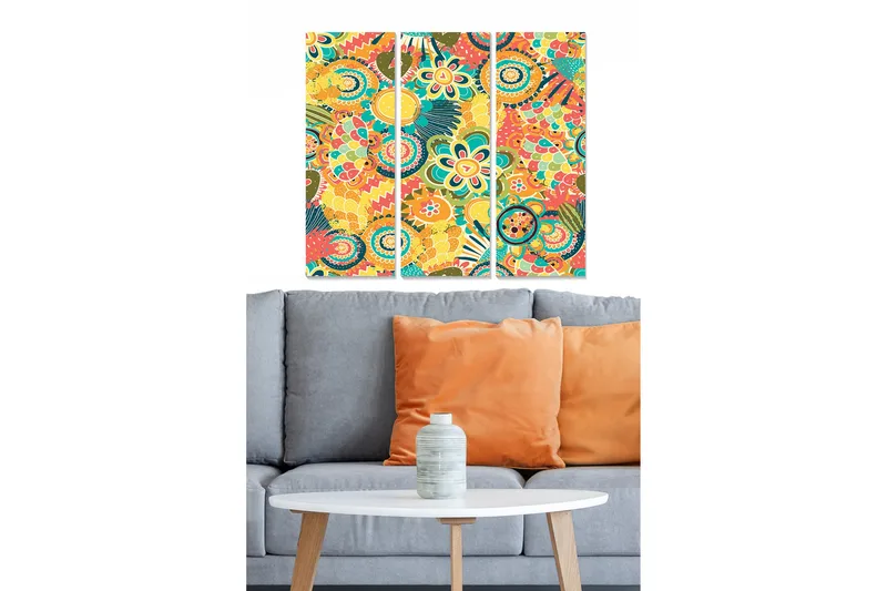 Trælærred 3-delt 50x70 cm - Farverig abstrakt komposition med blomster og mønstre, Gul / Rød / Grøn