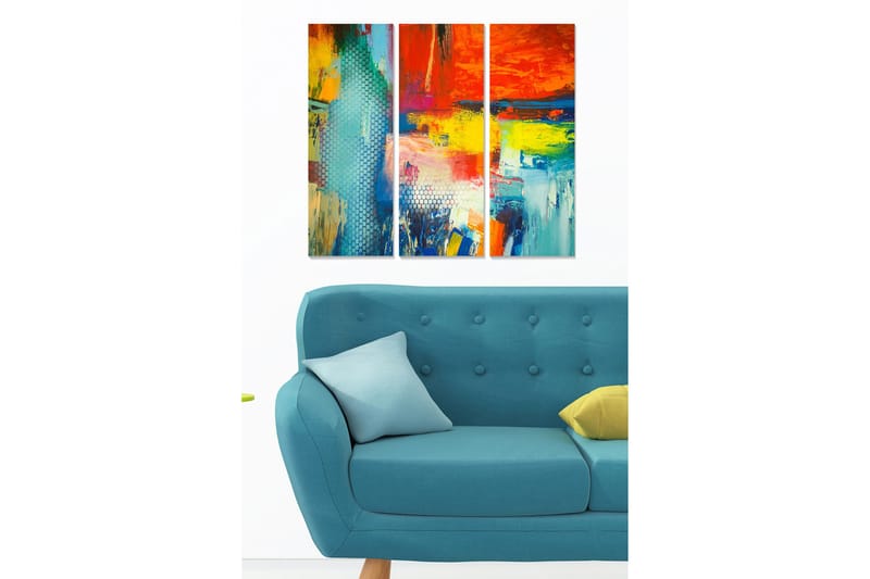 Trælærred 3-delt 50x70 cm - Farverig abstrakt komposition med dynamiske former, Rød / Blå / Gul