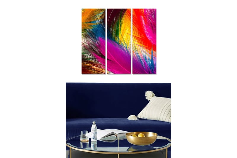 Trælærred 3-delt 50x70 cm - Farverig abstrakt komposition med dynamiske linjer, Lyserød / Orange / Blå