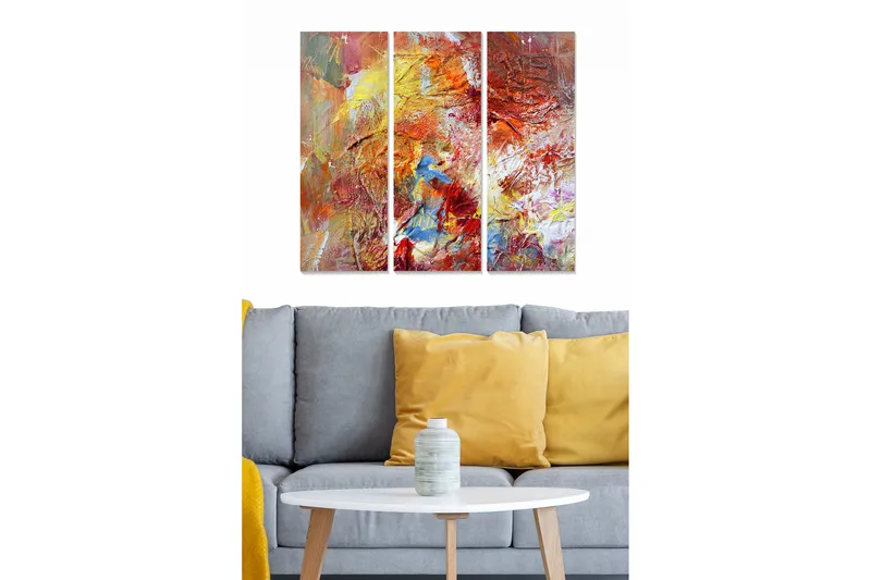 Trælærred 3-delt 50x70 cm - Farverig abstrakt komposition med elementer af rød og blå farve, Rød / Gul / Blå