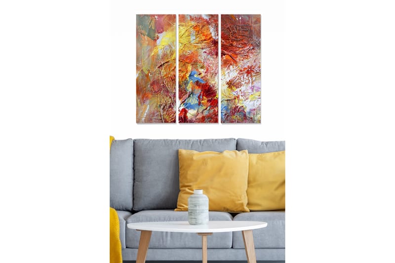 Trælærred 3-delt 50x70 cm - Farverig abstrakt komposition med elementer af rød og blå farve, Rød / Gul / Blå