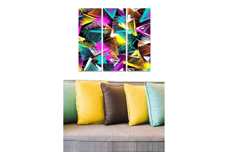 Trælærred 3-delt 50x70 cm - Farverig abstrakt komposition med geometriske former, Lilla / Turkis / Orange