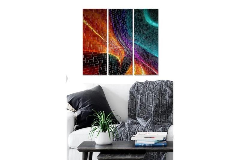 Trælærred 3-delt 50x70 cm - Farverig abstrakt komposition med geometriske former og lysstråler, Rød / Blå / Orange