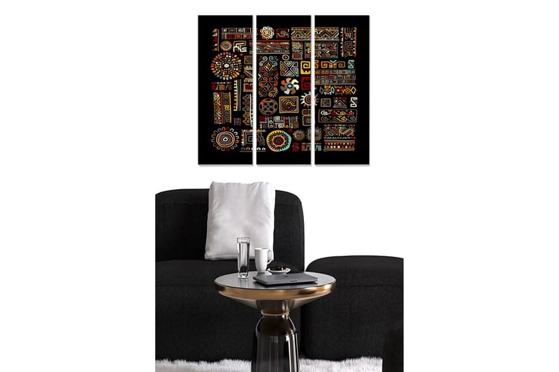 Trælærred 3-delt 50x70 cm - Farverig abstrakt komposition med geometriske mønstre og symboler, Rød / Gul / Blå