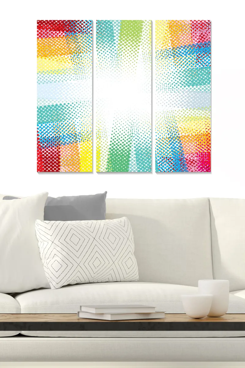 Trælærred 3-delt 50x70 cm - Farverig abstrakt komposition med prikmønster - Rød / Grøn / Gul - Boligtilbehør - Billeder & kunst - Billeder på lærred