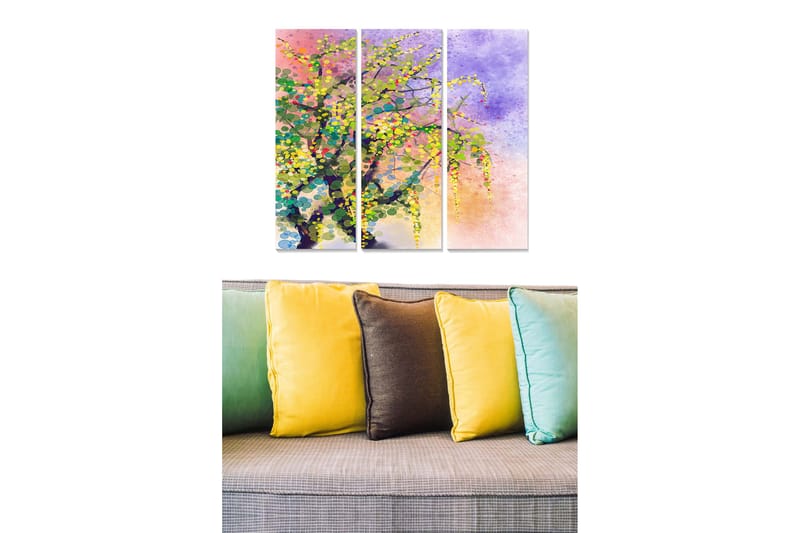 Trælærred 3-delt 50x70 cm - Farverig abstrakt trækunst med blomster og grønt, Grøn / Lilla / Gul