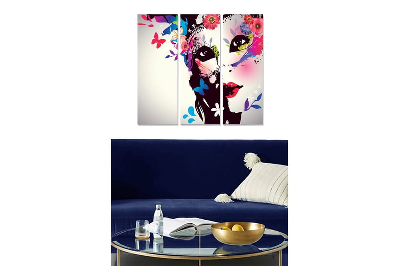 Trælærred 3-delt 50x70 cm - Farverig ansigtskomposition med blomster og sommerfugle, Sort / Pink / Grøn