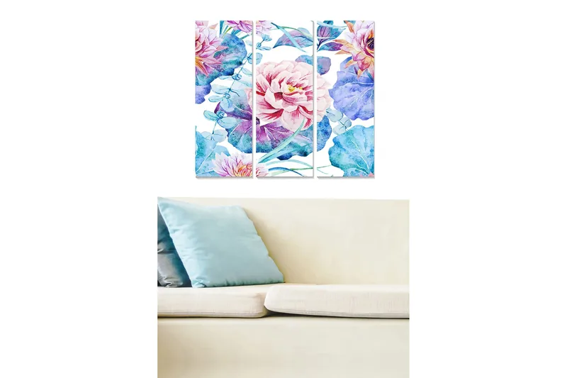 Trælærred 3-delt 50x70 cm - Farverig blomsterbuket i akvarelstil, Lys pink / Blå / Grøn