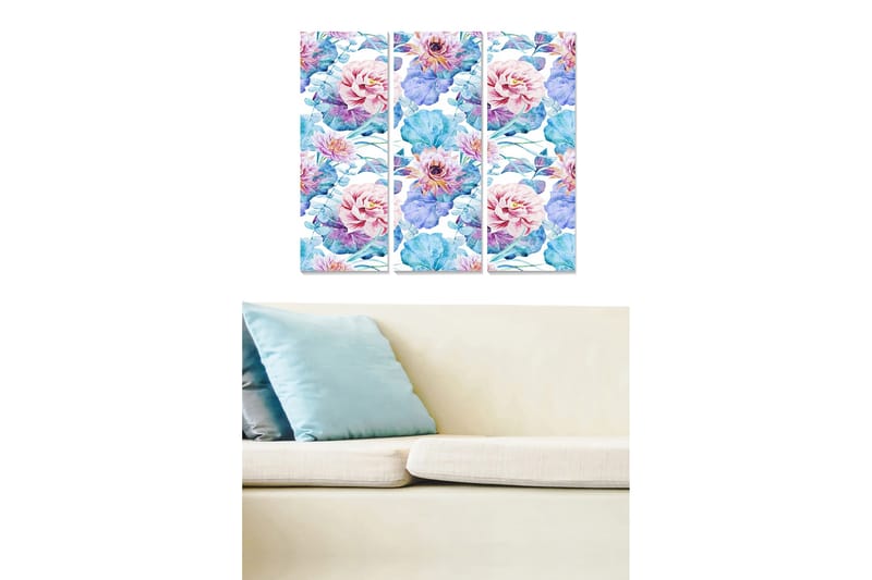 Trælærred 3-delt 50x70 cm - Farverig blomsterbuket i akvarelstil, Lyserød / Blå / Grøn