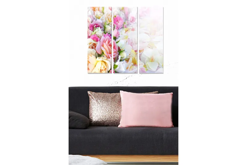 Trælærred 3-delt 50x70 cm - Farverig blomsterbuket, Lyserød / Gul / Hvid