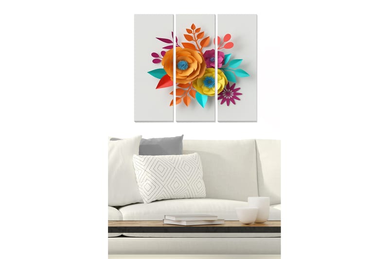 Trælærred 3-delt 50x70 cm - Farverig buket af papirblomster - Orange / Turkis / Lilla - Boligtilbehør - Billeder & kunst - Billeder på lærred