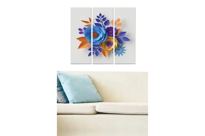 Trælærred 3-delt 50x70 cm - Farverig buket af papirblomster, Blå / Orange / Lilla