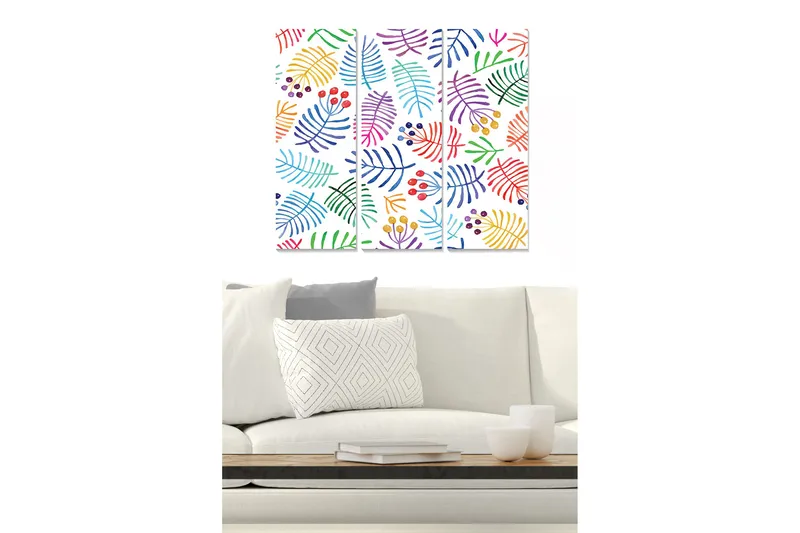 Trælærred 3-delt 50x70 cm - Farverig komposition af blade og bær, Grøn / Rød / Lilla