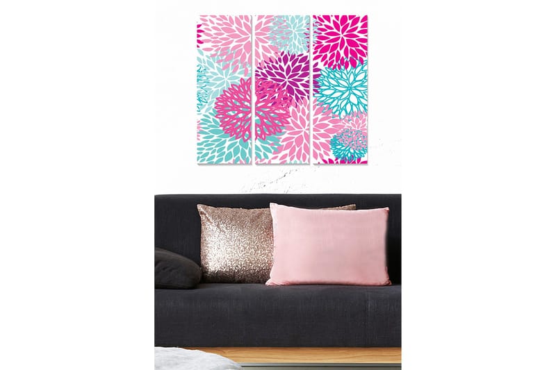 Trælærred 3-delt 50x70 cm - Farverig komposition af blomster i forskellige nuancer, Lyserød / Turkis / Lilla