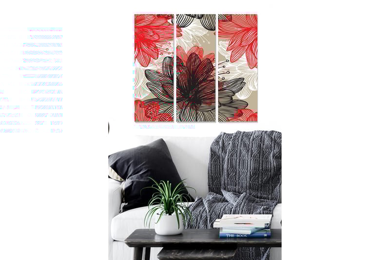 Trælærred 3-delt 50x70 cm - Farverig komposition af blomster i forskellige nuancer - Rød / Sort / Beige - Boligtilbehør - Billeder & kunst - Billeder på lærred