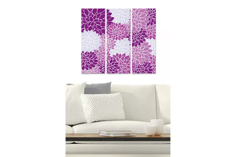 Trælærred 3-delt 50x70 cm - Farverig komposition af blomster i lilla toner, Lilla / Hvid