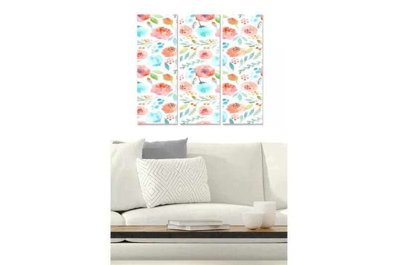 Trælærred 3-delt 50x70 cm - Farverig komposition af blomster og blade, Lyserød / Blå / Grøn