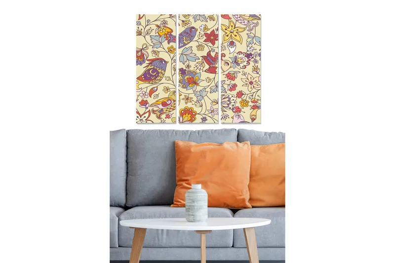 Trælærred 3-delt 50x70 cm - Farverig komposition af blomster og fugle, Lys gul / Rød / Blå