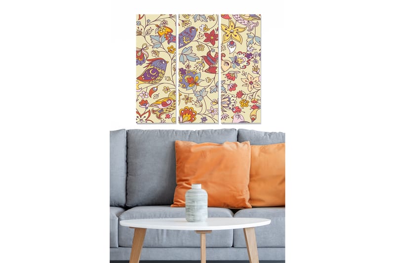Trælærred 3-delt 50x70 cm - Farverig komposition af blomster og fugle, Lys gul / Rød / Blå