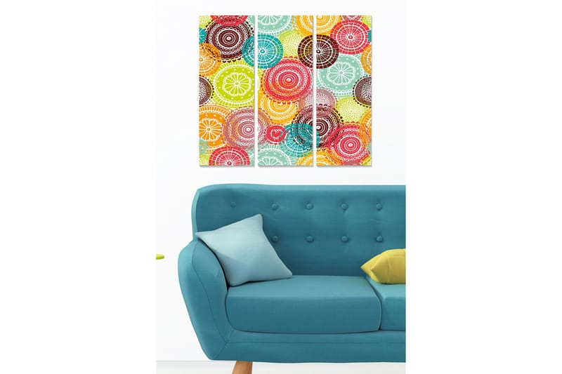 Trælærred 3-delt 50x70 cm - Farverig komposition af cirkler og mønstre, Rød / Grøn / Turkis