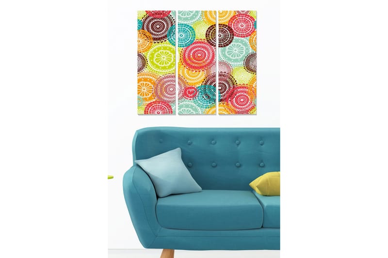 Trælærred 3-delt 50x70 cm - Farverig komposition af cirkler og mønstre, Rød / Grøn / Turkis