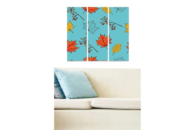 Trælærred 3-delt 50x70 cm - Farverig komposition af efterårsblade på blå baggrund, Blå / Rød / Gul