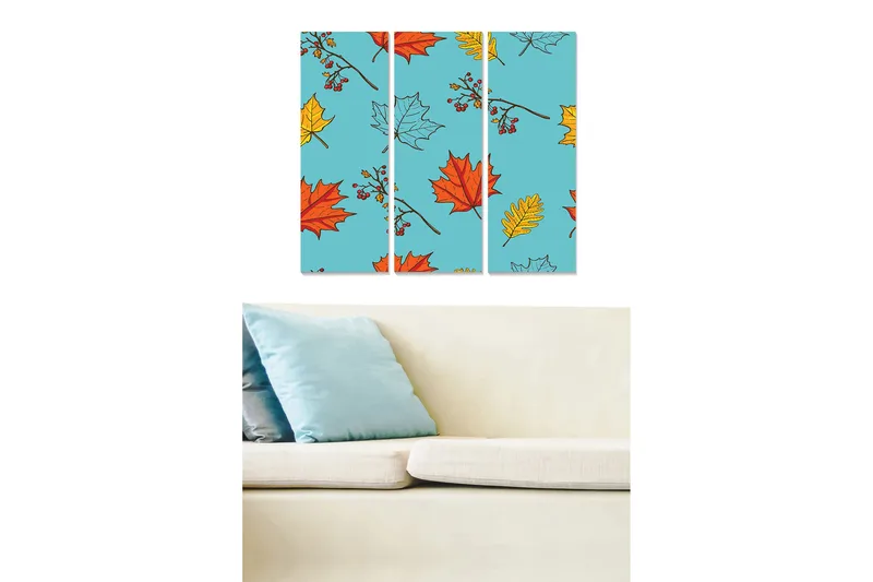 Trælærred 3-delt 50x70 cm - Farverig komposition af efterårsblade på blå baggrund, Blå / Rød / Gul