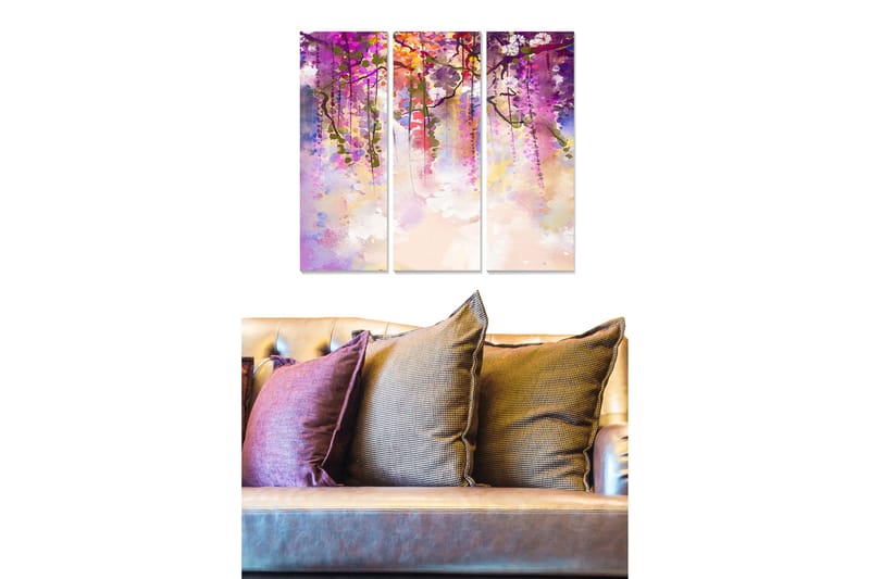 Trælærred 3-delt 50x70 cm - Farverig komposition af hængende blomster, Lilla / Lyserød / Grøn