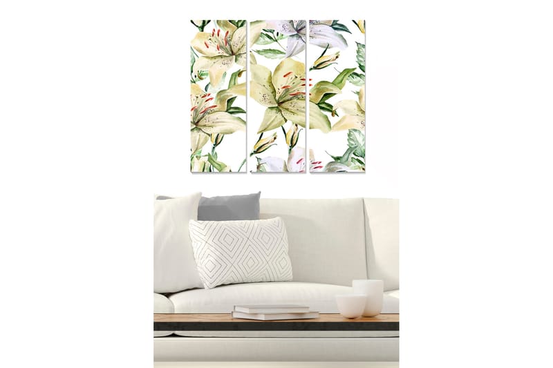 Trælærred 3-delt 50x70 cm - Farverig komposition af liljer og grønne blade, Grøn / Hvid / Gul