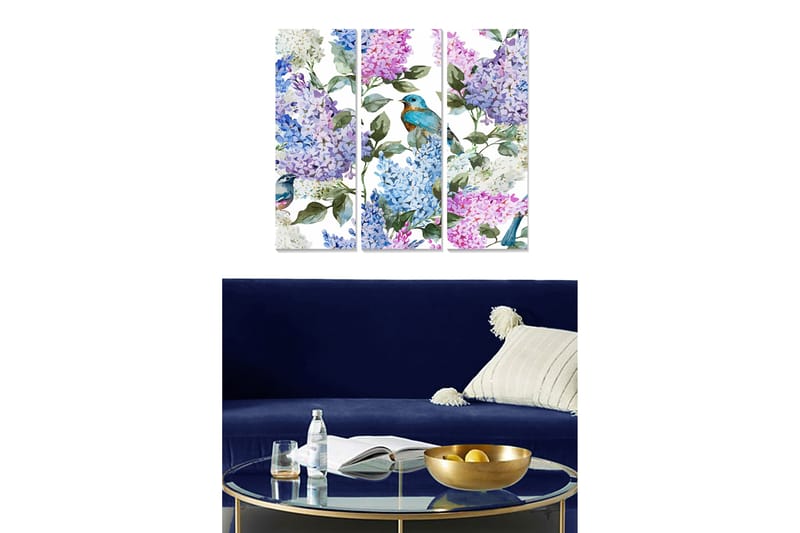 Trælærred 3-delt 50x70 cm - Farverig komposition af syrener og fugle, Lilla / Blå / Grøn
