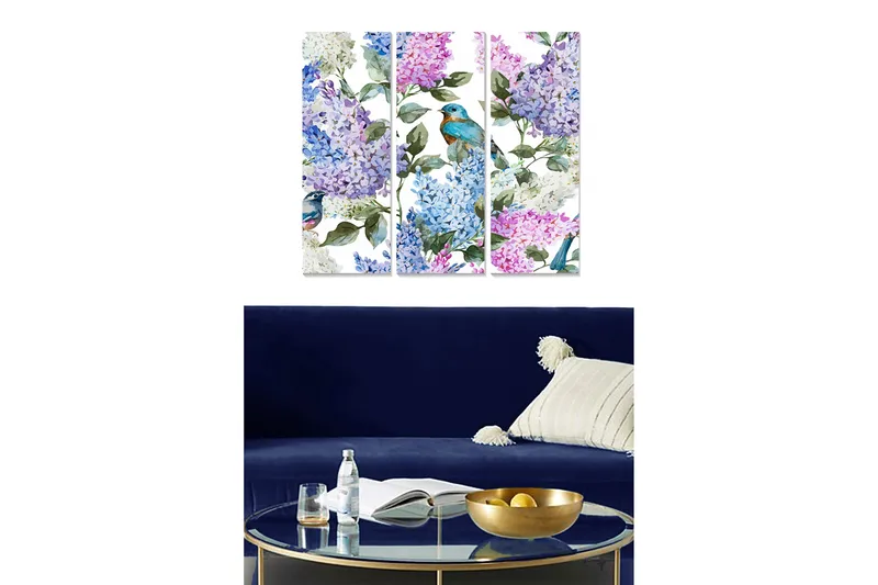 Trælærred 3-delt 50x70 cm - Farverig komposition af syrener og fugle, Lilla / Blå / Grøn