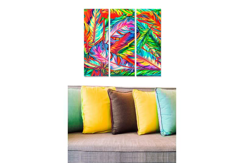 Trælærred 3-delt 50x70 cm - Farverig komposition af tropiske blade og fjer, Grøn / Rød / Blå