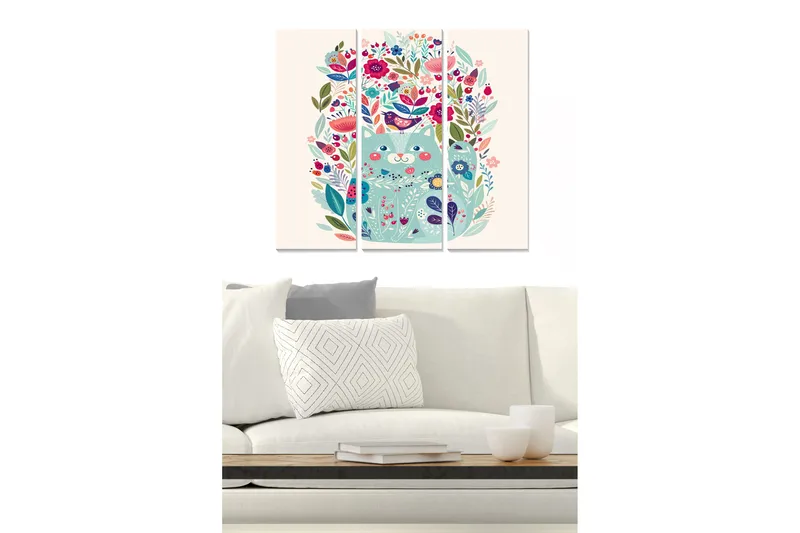 Trælærred 3-delt 50x70 cm - Farverig komposition med blomster og fugle, Grøn / Lyserød / Blå