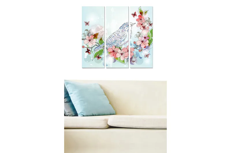 Trælærred 3-delt 50x70 cm - Farverig komposition med fugl og blomster, Lyseblå / Pink / Grøn