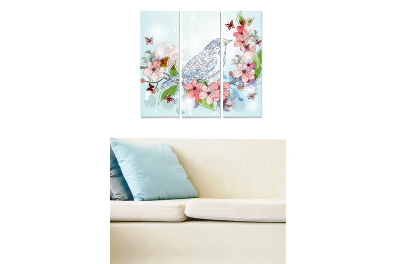 Trælærred 3-delt 50x70 cm - Farverig komposition med fugl og blomster, Lyseblå / Pink / Grøn
