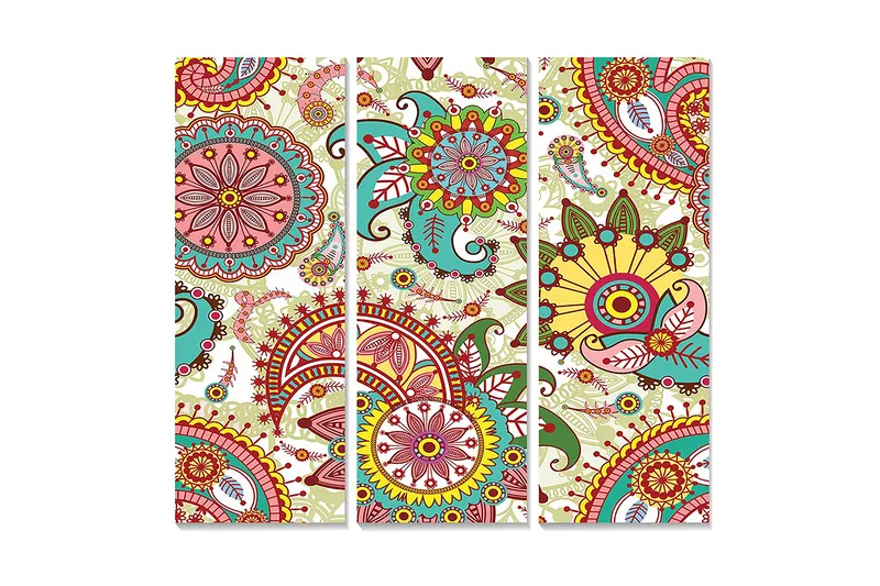 Trælærred 3-delt 50x70 cm - Farverig mandala med blomster og spiraler - Rød / Grøn / Gul - Boligtilbehør - Billeder & kunst - Billeder på lærred