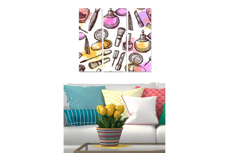 Trælærred 3-delt 50x70 cm - Farverig samling af makeupprodukter og værktøjer, Lyserød / Gul / Lilla