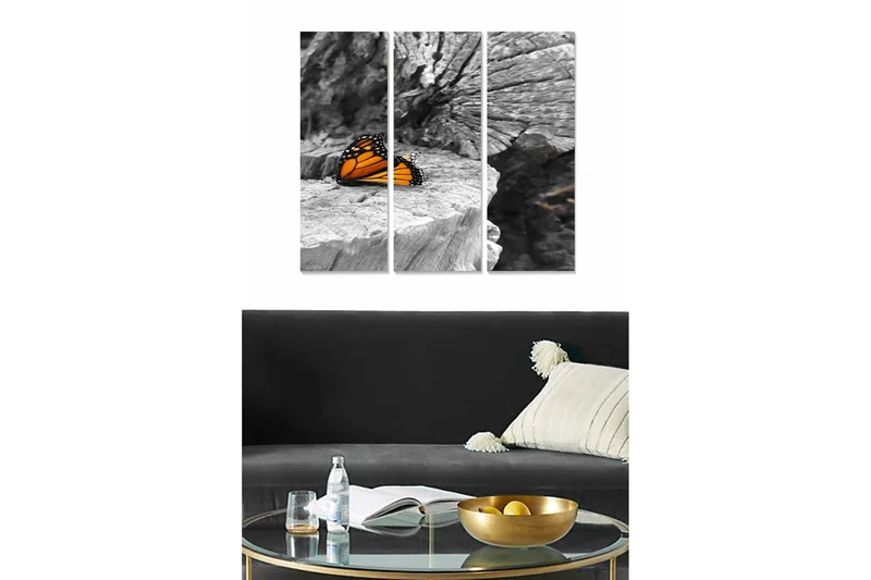 Trælærred 3-delt 50x70 cm - Farverig sommerfugl på en grå træoverflade, Orange / Sort