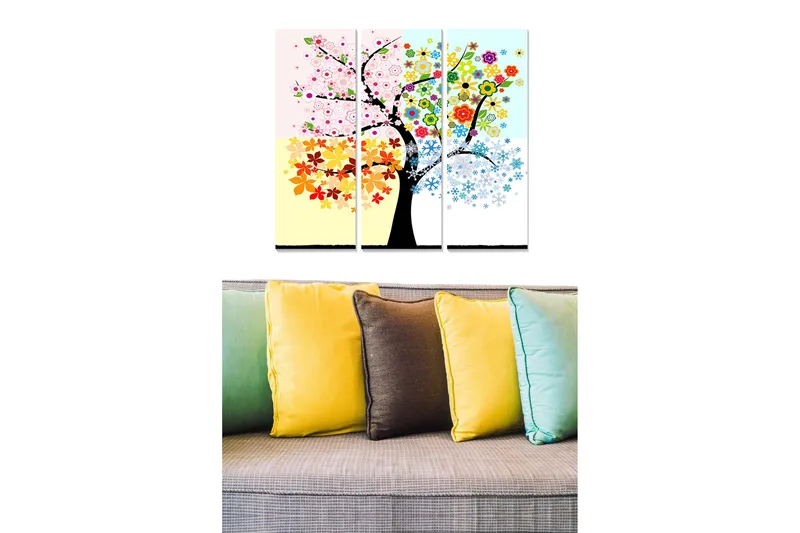 Trælærred 3-delt 50x70 cm - Farverig trækunst med blomster og blade i forskellige årstider, Lyserød / Gul / Blå