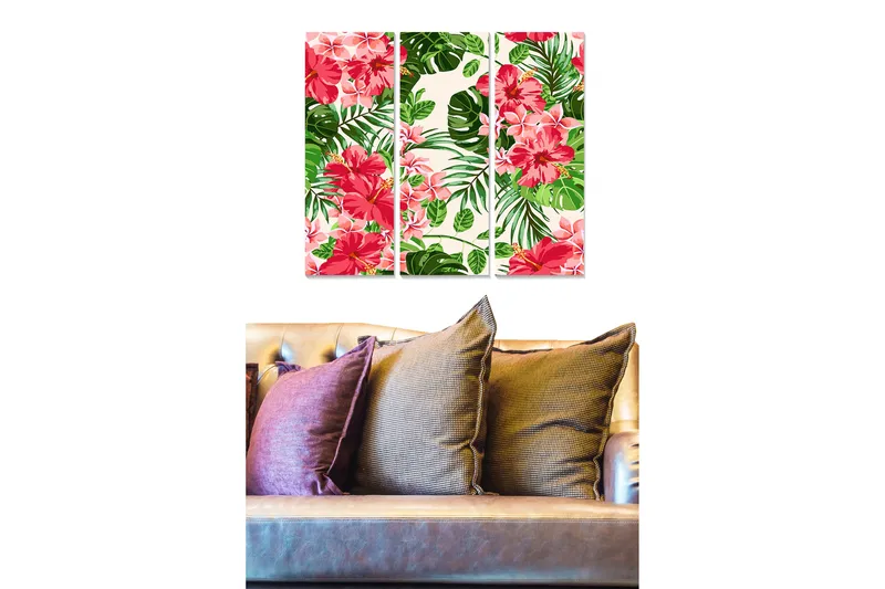 Trælærred 3-delt 50x70 cm - Farverig tropisk blomster- og bladkomposition, Lyserød / Grøn / Beige