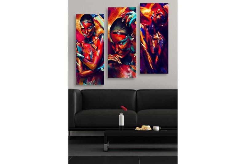 Trælærred 3-delt 50x70 cm - Farverig portrætserie af mennesker med udtryksfulde ansigtsmalerier, Rød / Blå / Orange